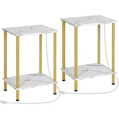 Side Table with Charging Station, End Table with USB Ports and Outlet, Nightstand with 2-Layer Storage Shelves