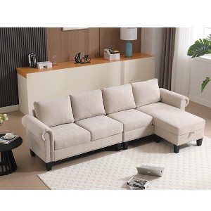 106'' Linen Convertible 4-Seat L-Shaped Sectional Sofa with Storage Ottoman and Nailhead Trim - 1 of 4