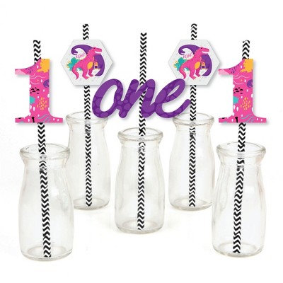 Big Dot of Happiness 1st Birthday Roar Dinosaur Girl - Paper Straw Decor - ONEasaurus Dino First Birthday Party Striped Decorative Straws - Set of 24