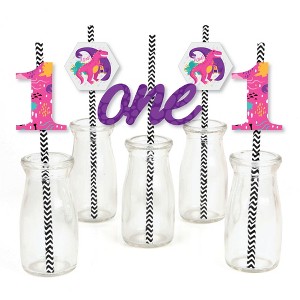 Big Dot of Happiness 1st Birthday Roar Dinosaur Girl - Paper Straw Decor - ONEasaurus Dino First Birthday Party Striped Decorative Straws - Set of 24 - 1 of 4