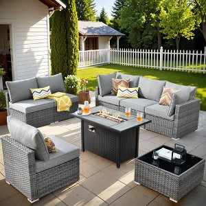 Ovios Venice 8pc Wicker Outdoor Patio Furniture Set Conversation Sofa with a Metal Fire Pit and Cushions - 1 of 4