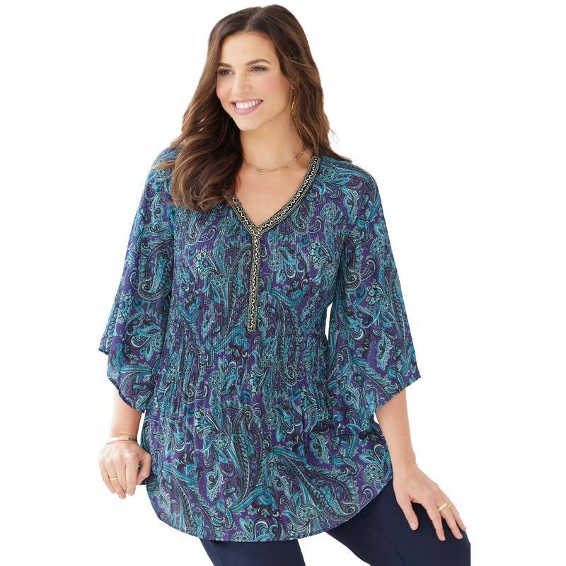 Catherines Women's Plus Size Bejeweled Pleated Blouse, 1 of 2