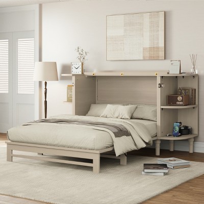 Full/Queen Farmhouse Murphy Bed Chest Cube Cabinet Bed Foldable Platform Bed with Charging Station and Open Shelves,Venus Teal/Ceylon Cream-ModernLuxe