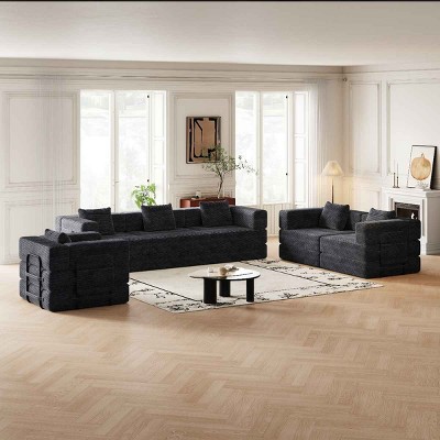 6 Seater Folding Sofa Bed for Living Room or Bedroom, Convertible Sofa with Cushions and Storage Pockets, Corduroy Fabric Sofa-Coolbibila