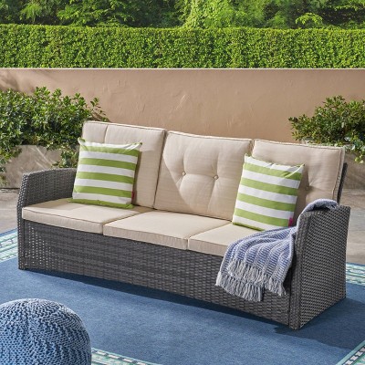 Gray and Beige Wicker Three-Seater Outdoor Sofa with Water Resistant Cushions