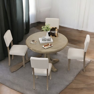 5-Piece Retro Round Dining Table Set with Upholstered Chairs – Solid Wood, Curved Legs for Dining Room and Kitchen
