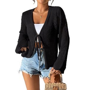 Coolmee Women's Tie Front Lightweight Crochet Cardigan Shrugs Knit Cardigan Crop Tops Cover Up - 1 of 4
