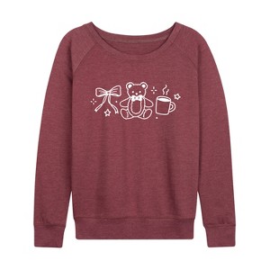 Women's - Instant Message - Teddy Bow Coffee Lightweight French Terry Wide Neck Long Sleeve Graphic Shirt - 1 of 4