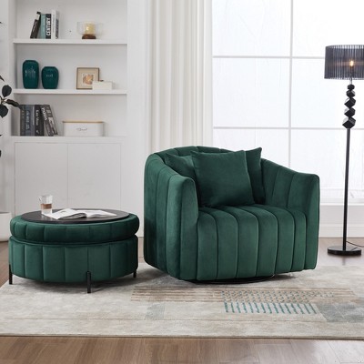 GDFStudio Adam 40.35"W Oversized Velvet Channel Tufted Swivel Chair and Storage Ottoman Sets