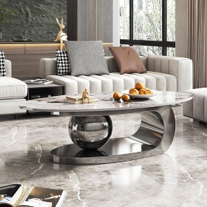 Vynxaria 49.2 Inches Oval Faux Marble Coffee Table for Living Room with Stainless Steel Base - 1 of 4