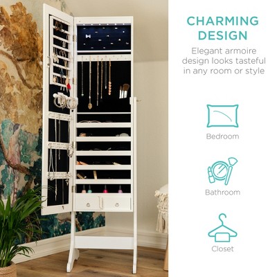 White Polished Wood Freestanding Mirror Jewelry Armoire with LED Lights