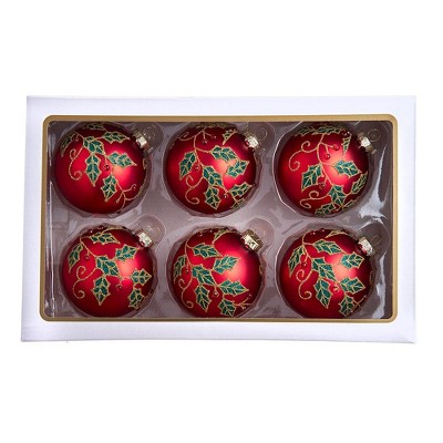 80MM Red Glass Ball Ornaments with Holly Leaves and Rhinestones, Set of 6
