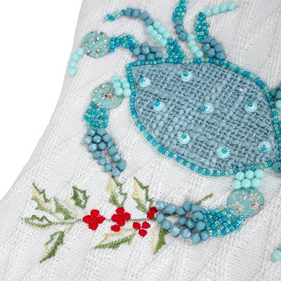 White and Blue Coastal Embroidered Crab Christmas Stocking