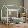Twin/Full Size Montessori Metal Floor Bed Frame, House Shaped Bed with Safety Fence for Kids & Toddlers - ModernLuxe - 3 of 4