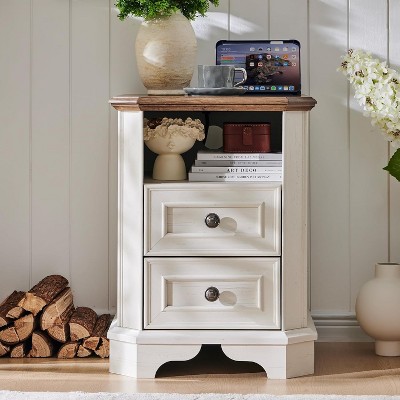 SinCiDo Nightstand with Charging Station & 2 Drawers, Farmhouse End Table, Wood Side Table for Bedroom, Living Room