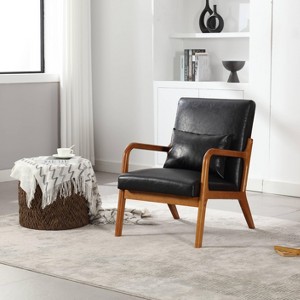 VYNXARIA Modern Accent Chair, Solid Wood Padding Lounge Armchairs With One pillow for Living Room, Bedroom, Guest Room,Black PU - 1 of 4