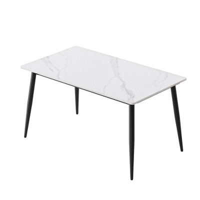 Vynxaria 55.12" Modern Artificial Stone White Straight Edge Black Metal Leg Dining Table-Can Accommodate 6 People(Dining Table Only)