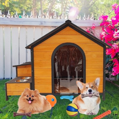 55" Outdoor Wooden Dog House with Food Bowls,Storage Box And PVC Door Curtain,Weatherproof Pet Shelter for Backyard Use-LAOTIES