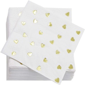 Juvale 50 Pack Gold Heart Disposable Cocktail Napkins, 5 x 5 Inches Folded, Ideal Party Supplies for Wedding & Valentine's Day - 1 of 4