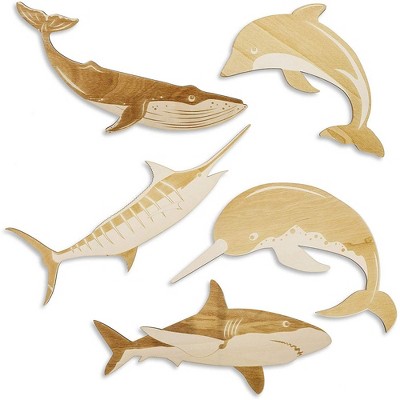 5 Pack Ocean Sea Life Unfinished Wood Cutouts, DIY Shark Dolphin Whale Painting, Arts and Crafts for Kids, 5 Designs, Assorted Sizes