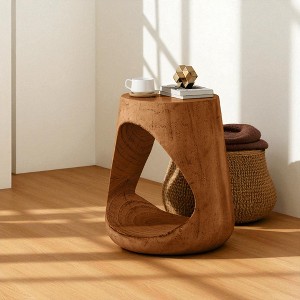 Mshliw Round Hollow Side Table with Wood Grain Texture, Indoor Outdoor Accent Table, Console Table, Weather-Resistant MGO End Table - 1 of 4