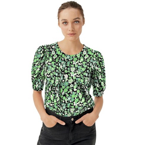 Ellos Women's Plus Size Puff Sleeve Tee - 14/16, Black Green Floral ...