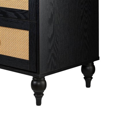 Transitional Black and Rattan 2-Drawer Nightstand with Lathe-Turned Feet