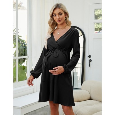 Maternity Dress Lantern Sleeve Ruffle Drawstring Waist Baby Shower Midi Dress Photoshoot