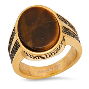 Steeltime Men's 18k gold plated stainless steel, tiger eye center stone and simulated black diamonds side stones ring with greek key accents - 1 of 4