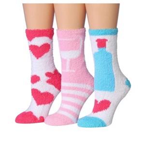 Tipi Toe Women's 3-Pairs Soft Heart Wine Patterned Vibrant Colored Women Fuzzy Crew Socks - 1 of 1