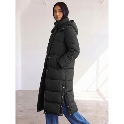 Женские куртки INSPIRE CHIC Women's Winter Long Buttoned Slit Hem Parka Stand Collar Removable Hood Warm Quilted Padded Coat M Black — фото 4
