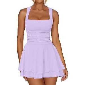 Women's Square Neck Sleeveless Dress – Tiered Hem, Waist Gathers, Above-Knee High Waist Summer Dress - 1 of 4