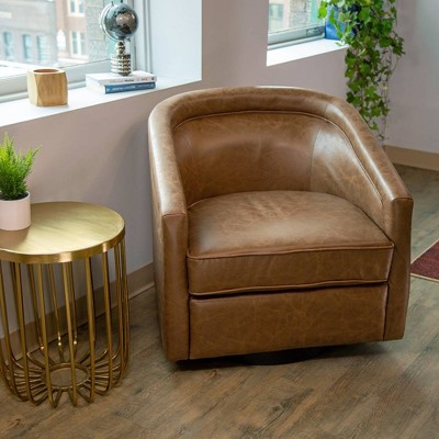 Walnut Faux Leather Swivel Barrel Chair with Metal Base