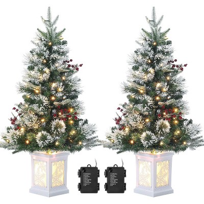 3 Ft Pre-Lit Artificial Christmas Trees w/Potted Base, Snow Flocked Small Xmas Tree w/78 Warm Lights 8 Modes, w/Battery Operated Timer Function