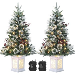 3 Ft Pre-Lit Artificial Christmas Trees w/Potted Base, Snow Flocked Small Xmas Tree w/78 Warm Lights 8 Modes, w/Battery Operated Timer Function - 1 of 4