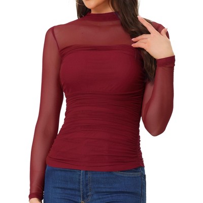 INSPIRE CHIC Women's Solid Mock Neck Mesh Sheer Long Sleeve Ruched Blouses