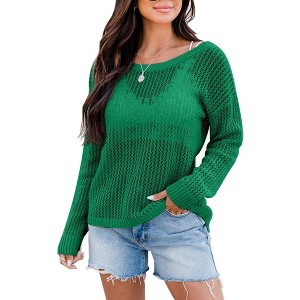 Sheer Tops for Women Summer Breathable Pullover Sweater Crochet Tops Long Sleeve Hollow Out Beach Summer Sweater Beach Cover Ups - 1 of 3