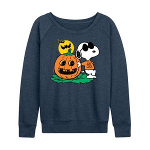 Women's - Peanuts - Snoopy Joe Cool Halloween Pumpkin Lightweight French Terry Wide Neck Long Sleeve Shirt - 1 of 4