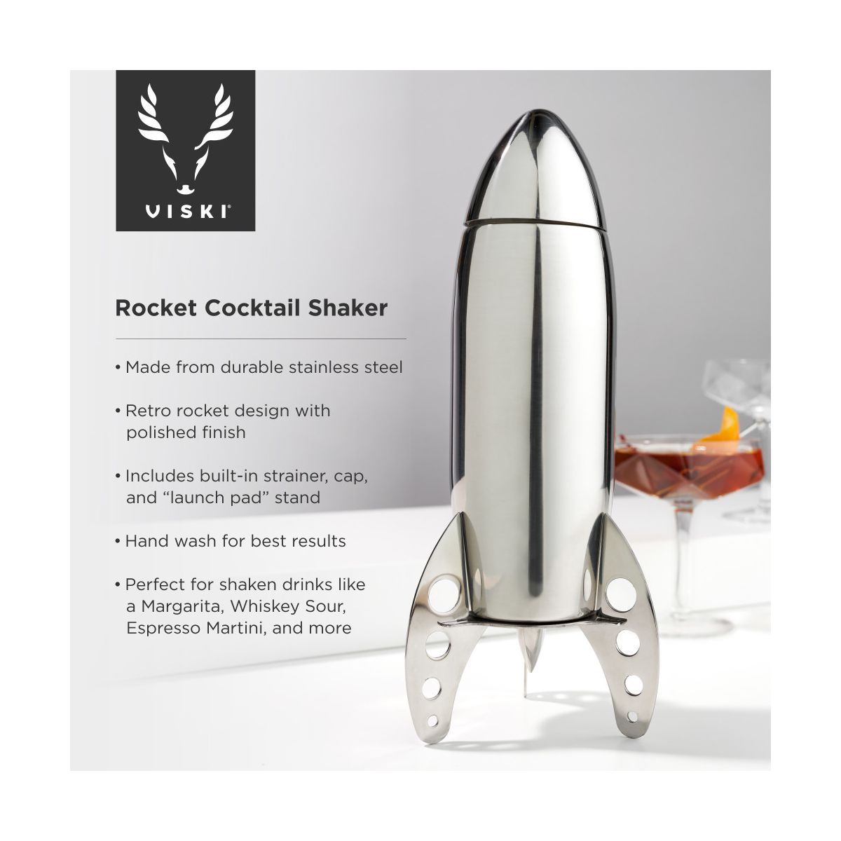 Viski Rocket Cocktail Shaker with Strainer for Margaritas, Stainless Steel Espresso Martini Shaker, Home Bar Gifts for Men, Bartender Tools, 24 oz - thumbnail 2
