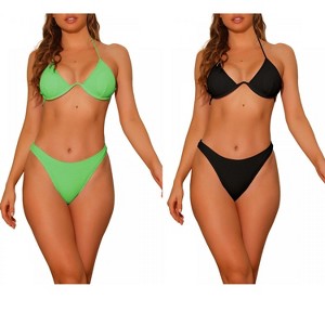 Elerevyo Women's Halter Underwire Ribbed Bikini Sets, 2 Piece Double Straps Tie Back Triangle Bottoms Swimwear Bathing Suits 2 Sets - 1 of 4