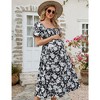 WhizMax Women's Maternity Dress Summer Floral Print Square Neck Puff Sleeve Midi Dress Casual Ruffle A Line Dress for Babyshower - 2 of 4