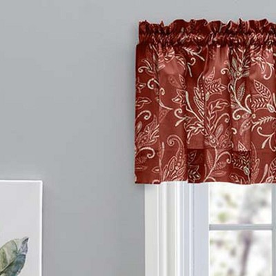 Brick Red Leaf Pattern Polyester Rod Pocket Valance