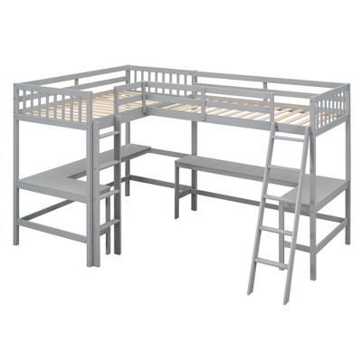 Bellemave Wood Twin Size L-Shaped Loft Bed with Ladder and 2 Built-in L-Shaped Desks,Gray