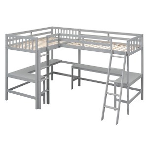 Bellemave Wood Twin Size L-Shaped Loft Bed with Ladder and 2 Built-in L-Shaped Desks,Gray - 1 of 3