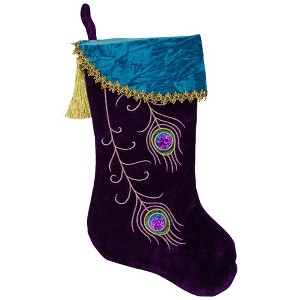 Northlight 19" Purple Velvet Regal Peacock Embroidered Feather Christmas Stocking with Gold Tassel - 1 of 4