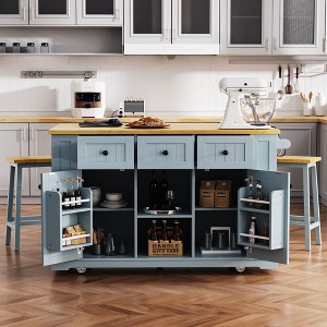VYNXARIA K&K 53" Kitchen Island Set with Bar Stools, Power Outlet & Ample Storage in Grey Blue - 1 of 4