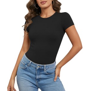 Sol Living Women's Bodysuit Seamless Casual Going Out Top Shirt Breathable Tops Tummy Control Shapewear Stretchy Basic Body Suits T Shirt Crew Neck - 1 of 4