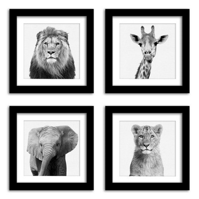 Image of Black and White Nursery Safari - 4 Piece Framed Gallery Wall Set - Americanflat With Mat