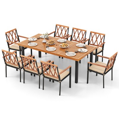 Tangkula 9 PCS Patio Dining Set Acacia Wood Table w/ Soft Cushions and 1.9" Umbrella Hole