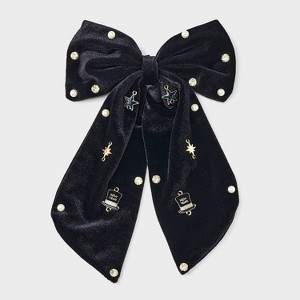 Embellished Hair Bow with Tails - Black - 1 of 3